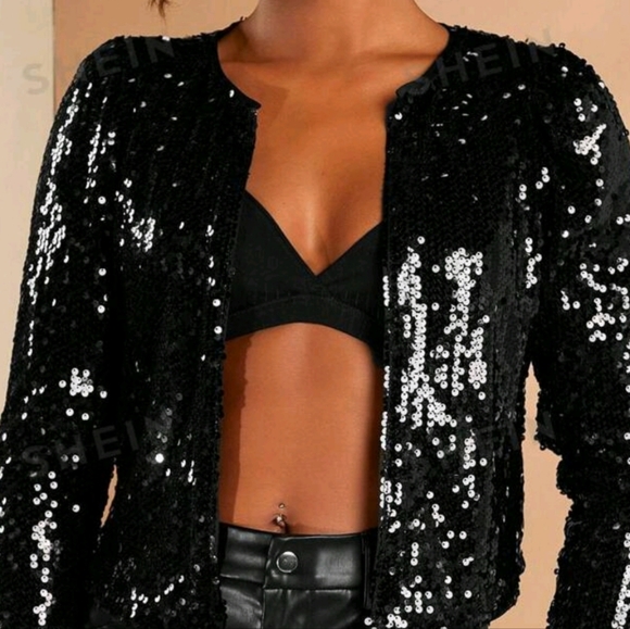 Black Open Front Crop Sequin Jacket - Picture 5 of 10